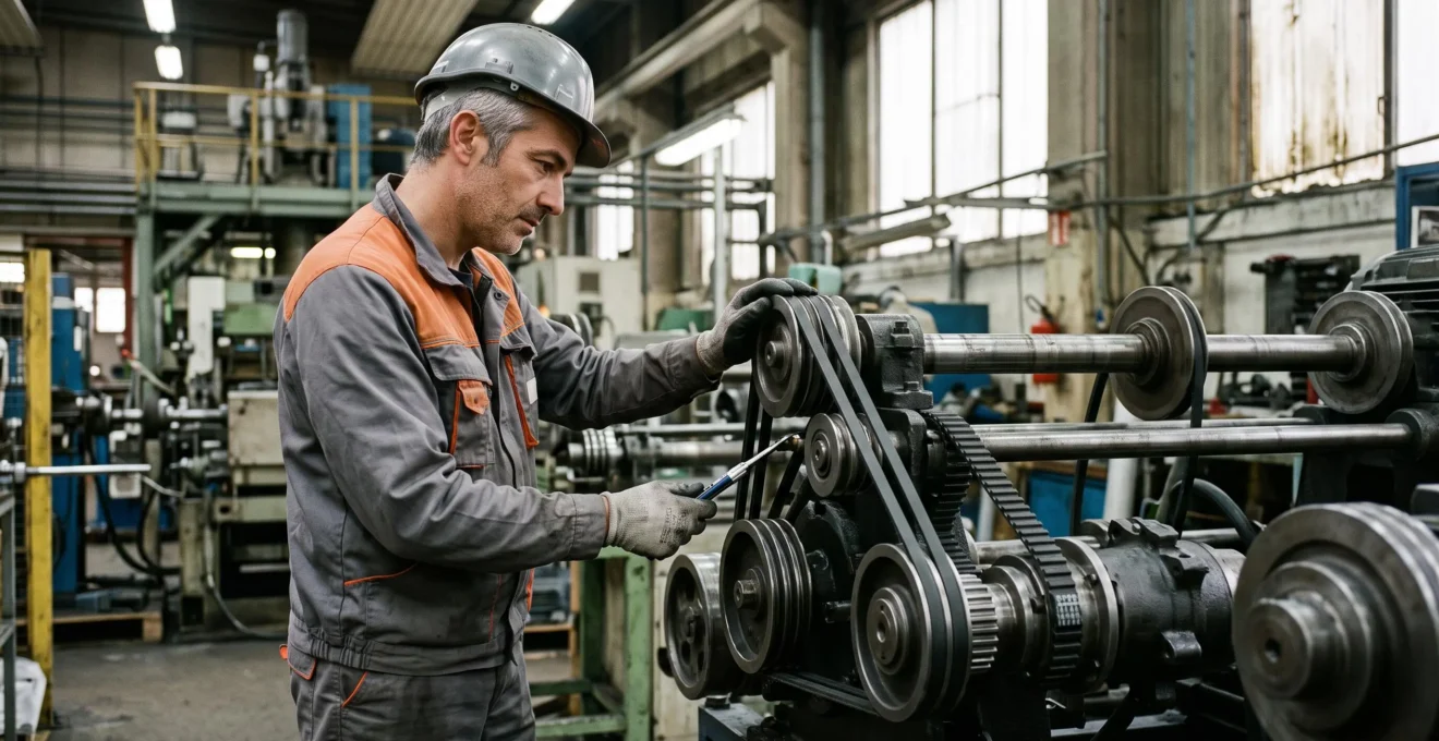 Technicien de maintenance inspectant un système de transmission par courroies dans un atelier industriel