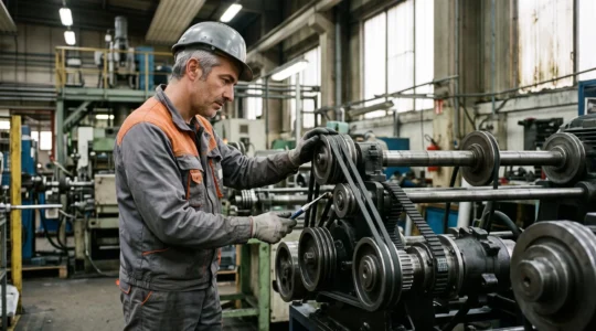 Technicien de maintenance inspectant un système de transmission par courroies dans un atelier industriel