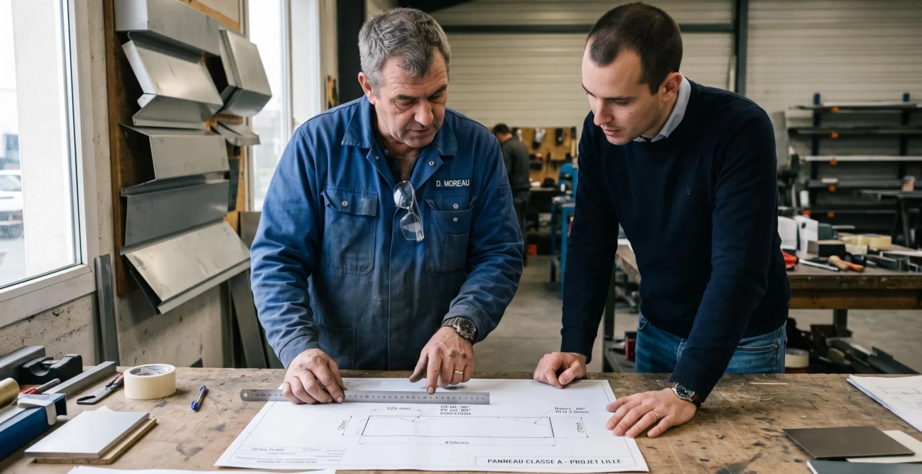 Un fabricant et son client vérifient ensemble les cotes d'un plan de pièce pliée sur un établi d'atelier.